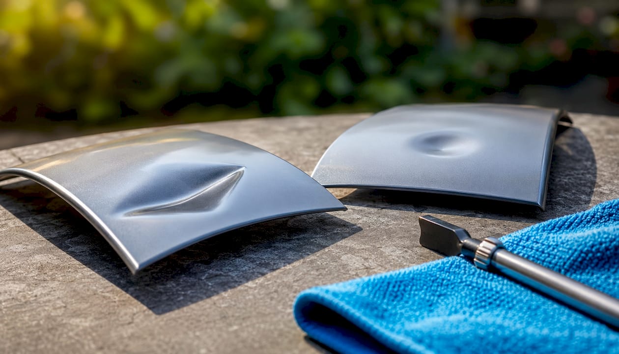 Side-by-side car panels showing sharp and round dents
