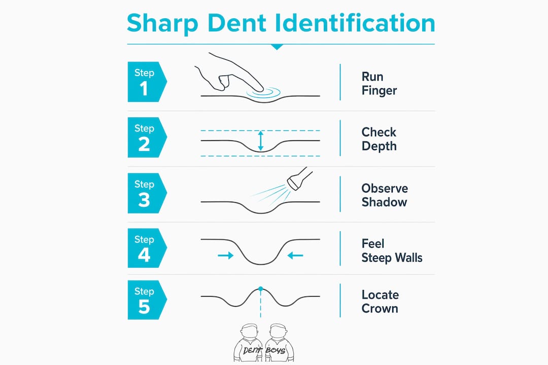 Infographic with steps to identify sharp dents on cars