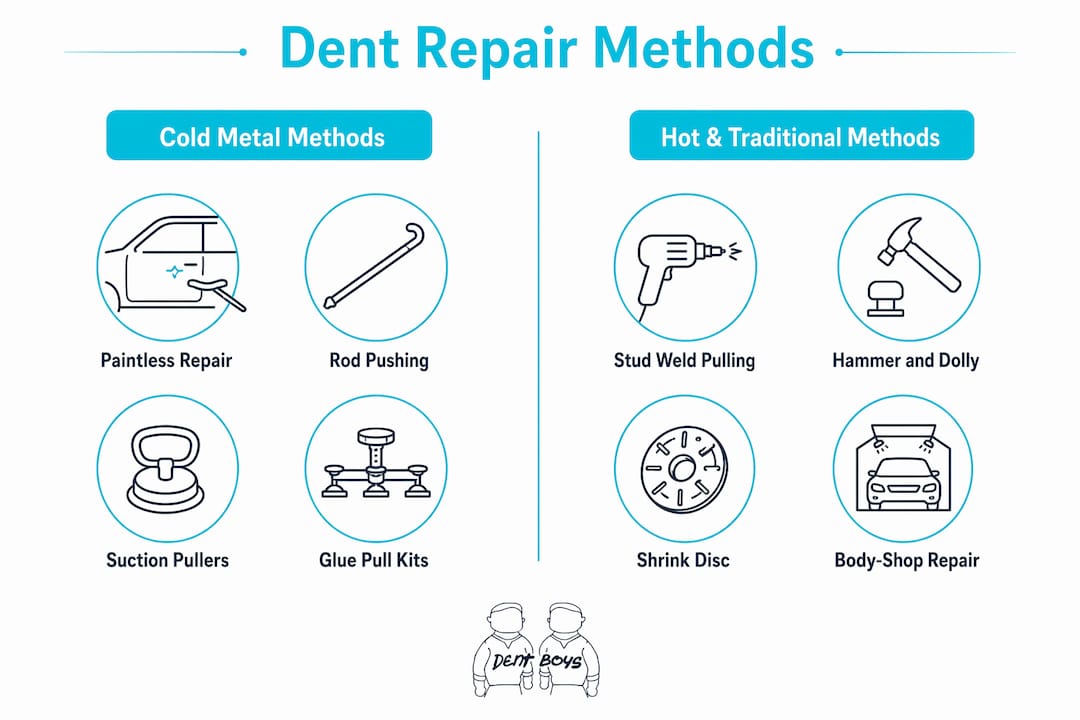 Infographic comparing dent repair methods in two categories