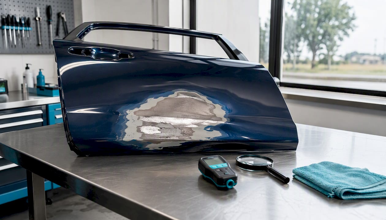 Overhead view of car door dent showing paint layers