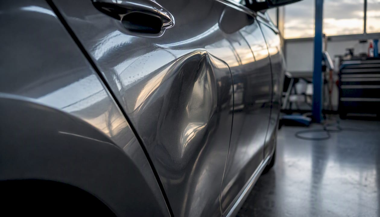 Close-up of deep car dent unsuitable for PDR