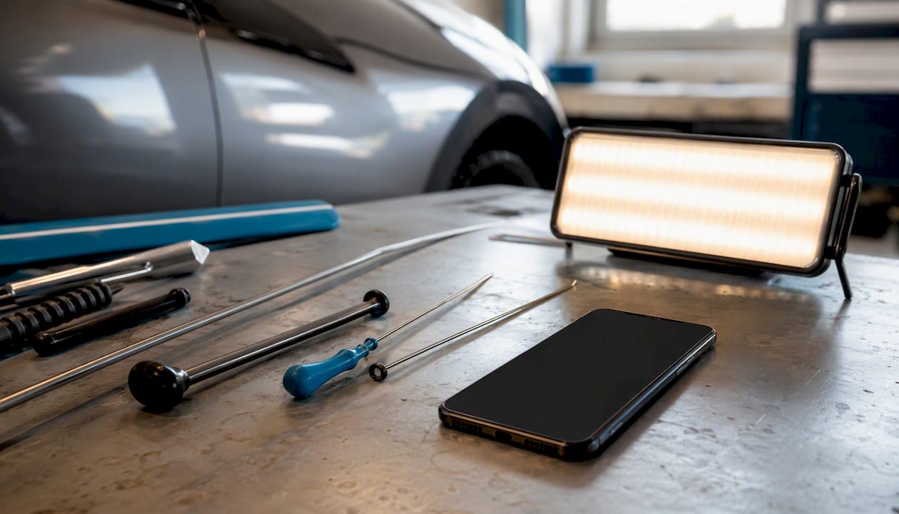 Smartphone and paintless dent repair tools on workbench