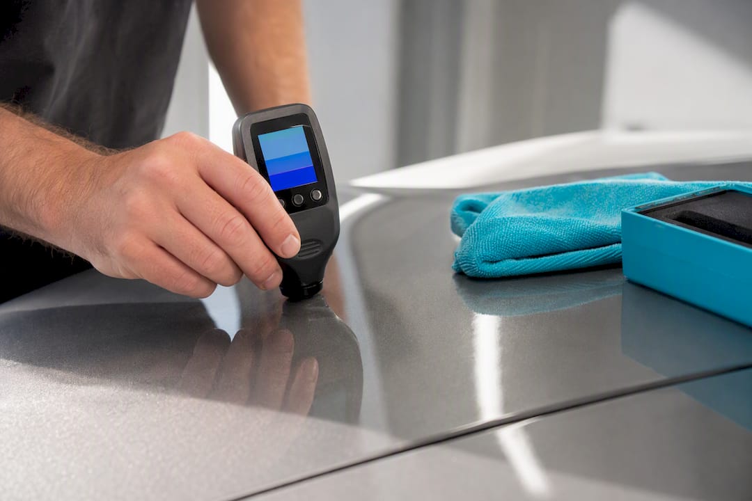 Technician measuring vehicle paint thickness