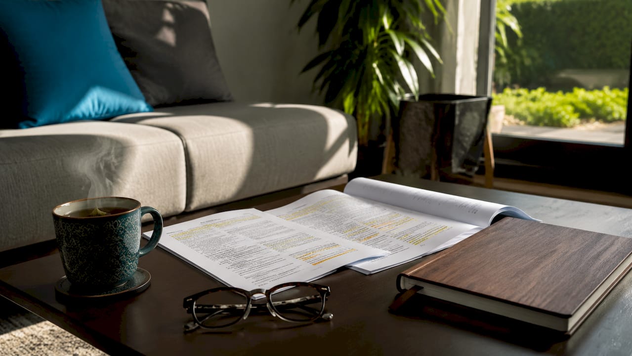 Close-up of insurance policy papers and glasses on desk