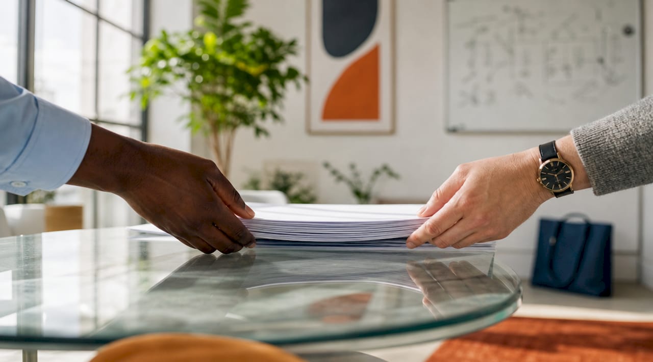 Hands organizing insurance documents on table