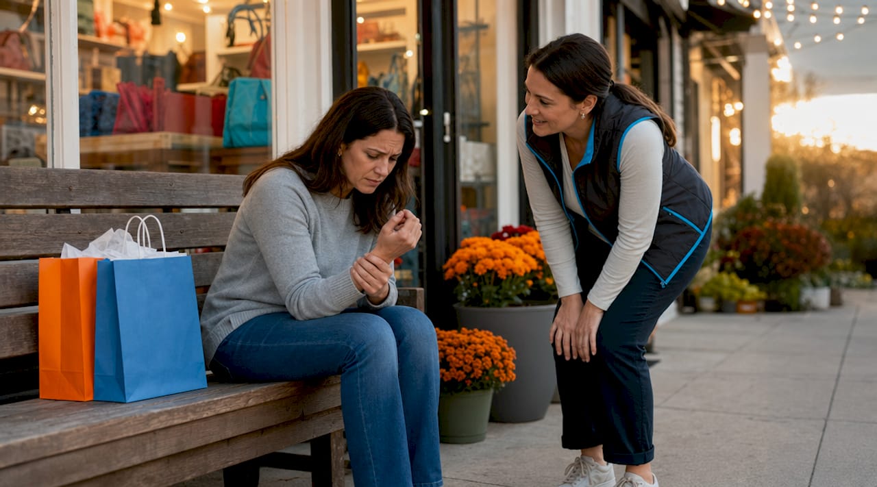 Retail manager assisting injured customer inside store