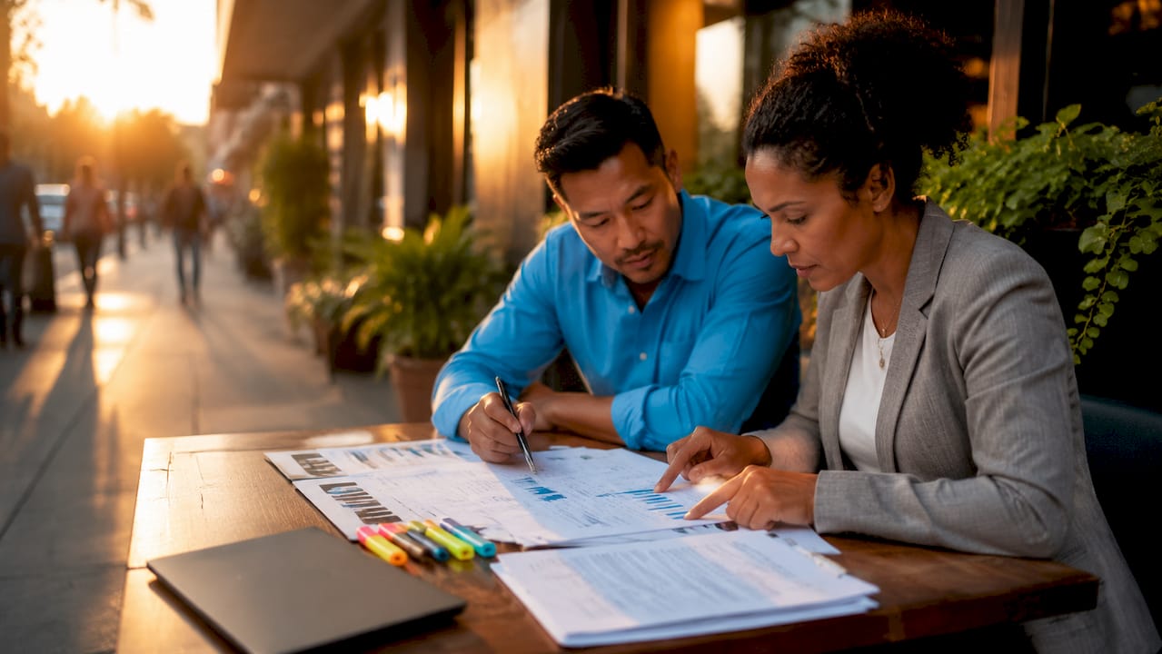Business owners review insurance claim papers together