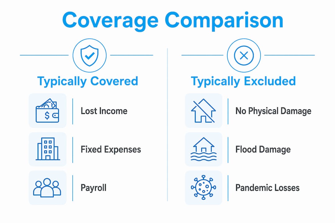 Infographic comparing typical coverage and exclusions of business income insurance