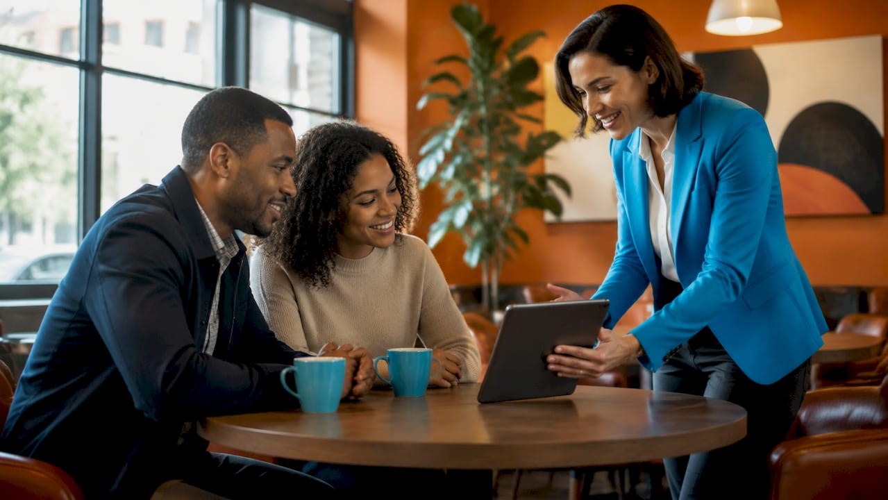 Insurance agent discussing coverage with couple