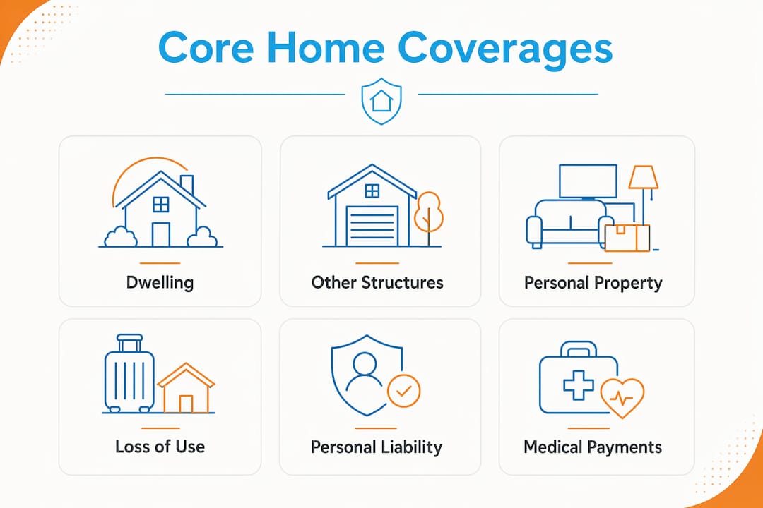 Infographic depicting six core home insurance coverages