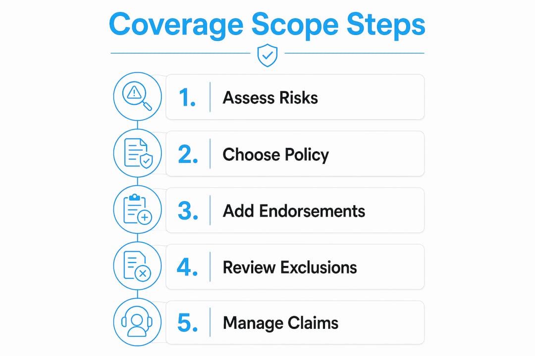 Infographic illustrating steps defining builders risk coverage scope
