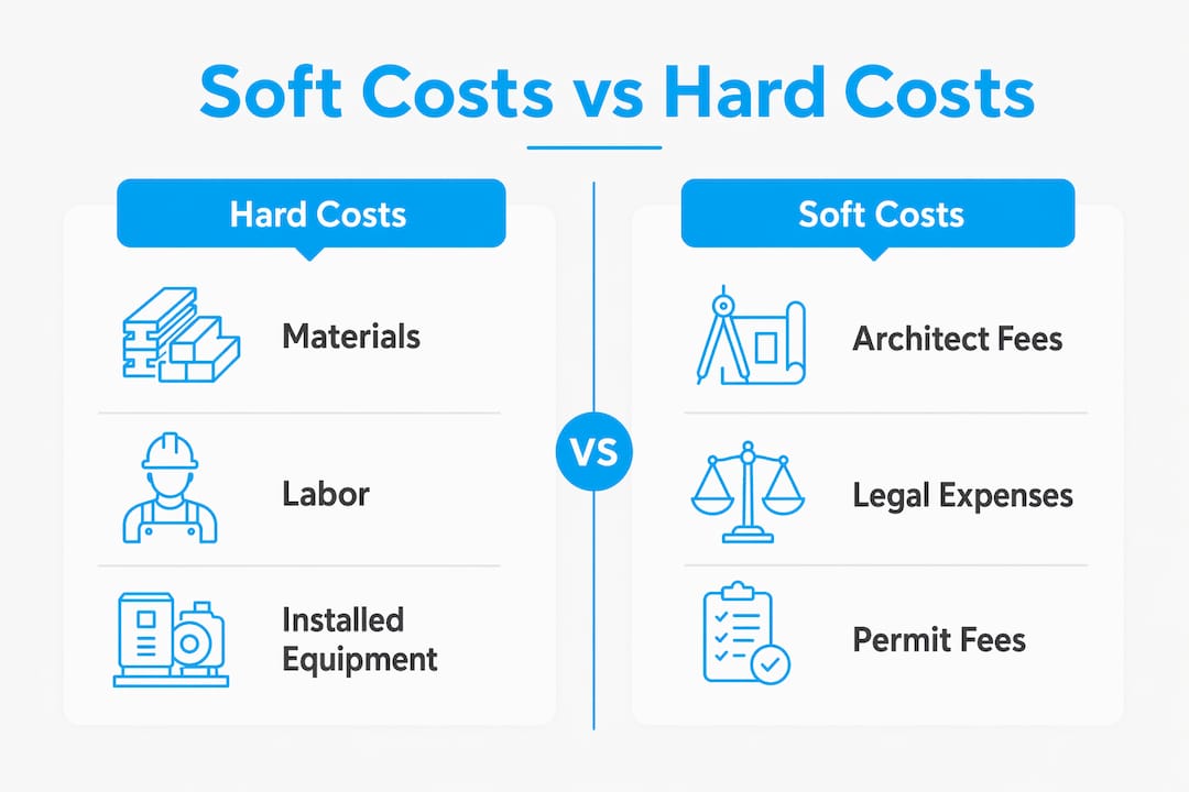 Infographic comparing soft costs and hard costs in builders risk coverage