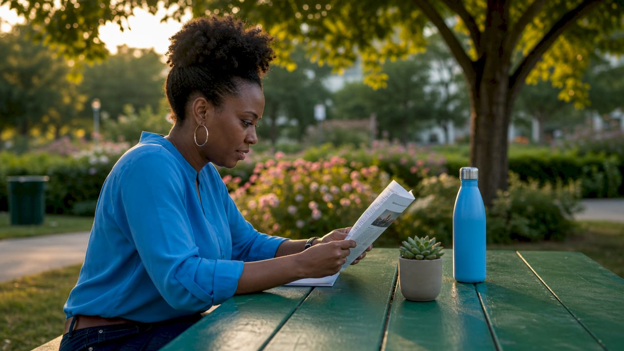 Female entrepreneur reading insurance documents at table