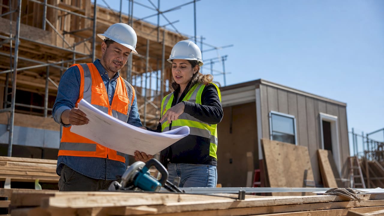Construction supervisors reviewing building plans outdoors