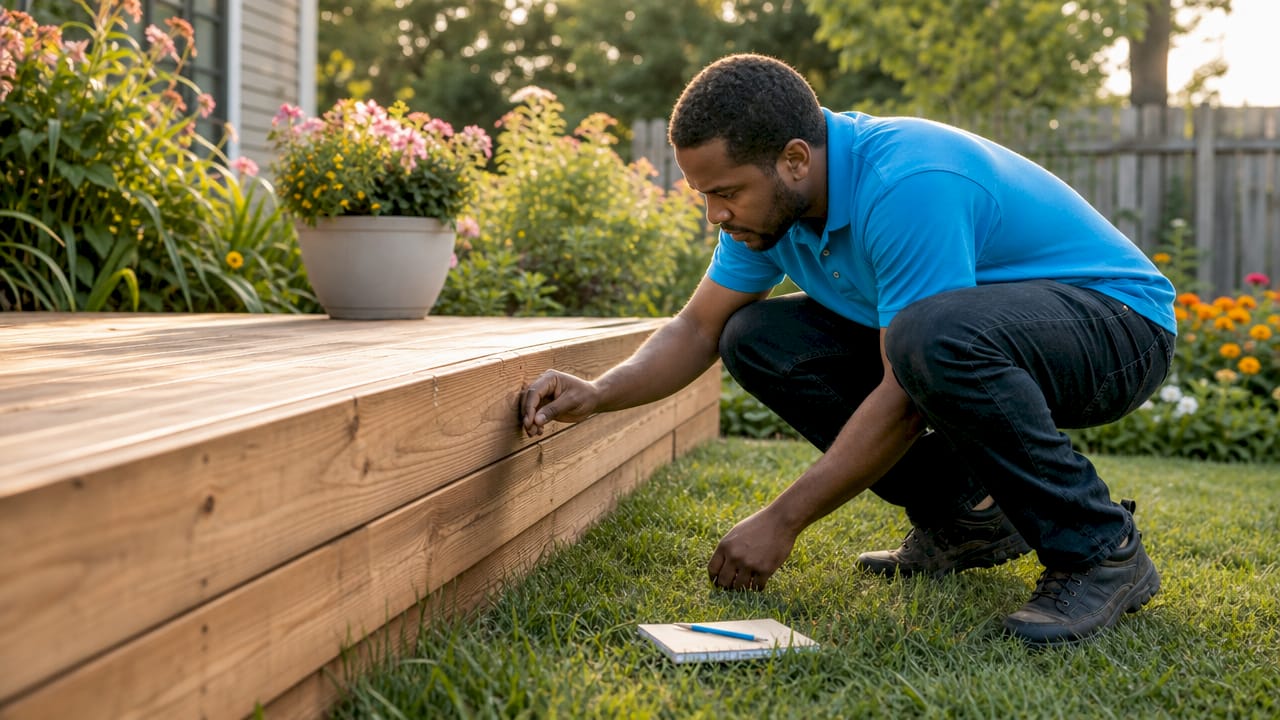 Contractor inspecting completed deck outdoors
