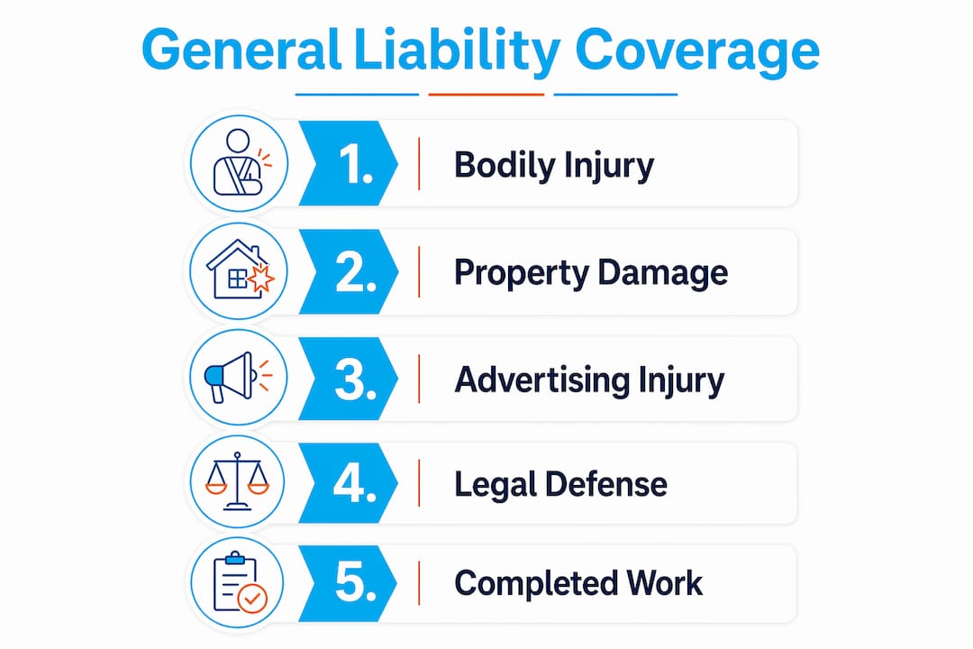 Infographic outlining general liability insurance coverage areas