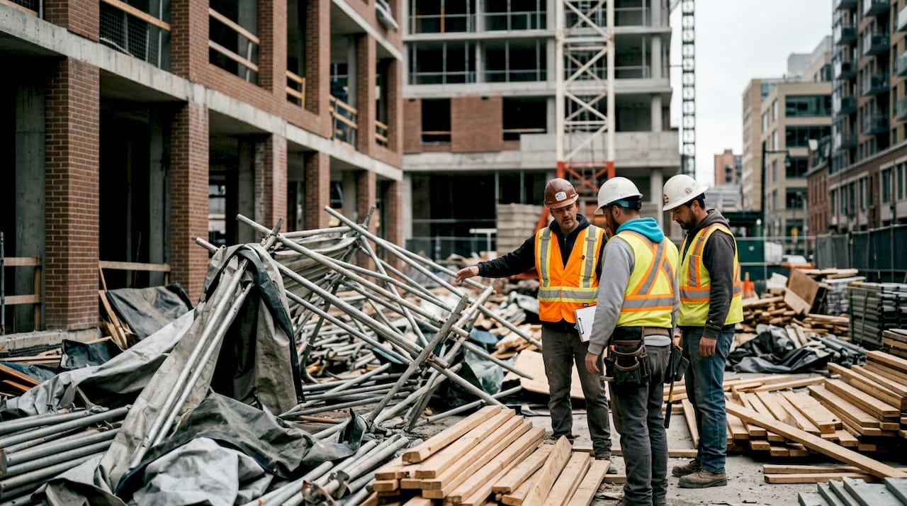 Workers assess construction site damaged by weather