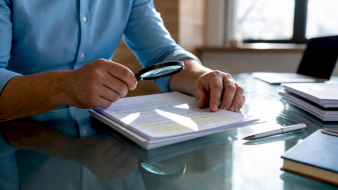 Close-up of hands examining property insurance policy
