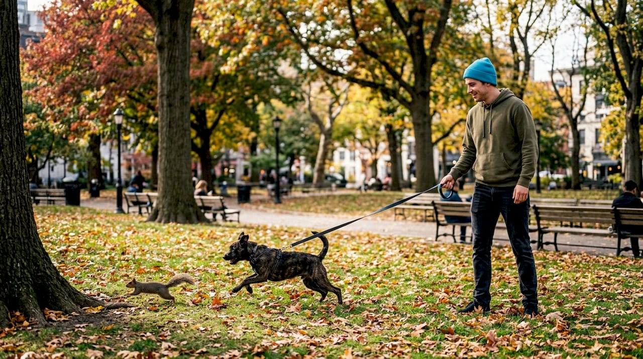 Man adjusting dog leash during park walk