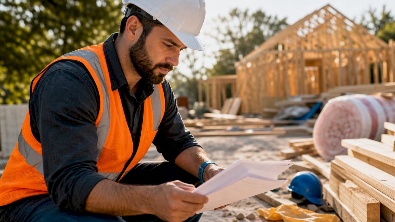 Contractor inspecting construction materials on site