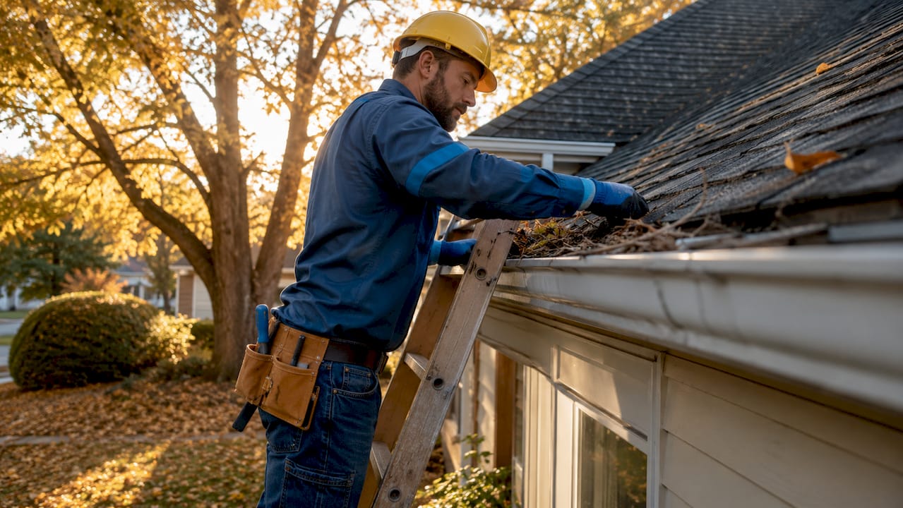 Technician inspecting house gutters outdoors