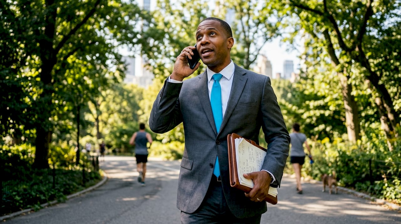 Agent prospecting commercial clients outdoors speaking phone