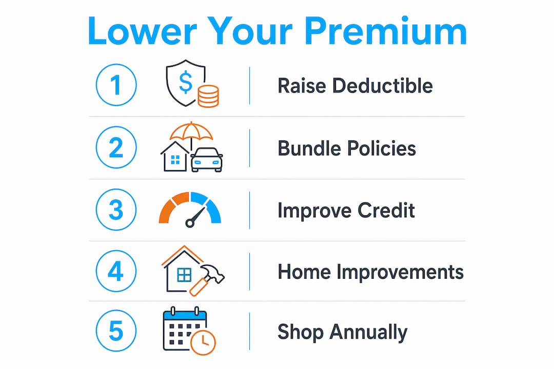 Infographic showing steps to lower homeowners insurance premium