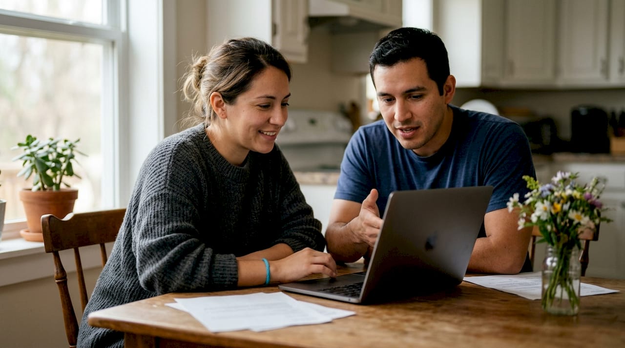 Couple discussing bundled insurance options on laptop