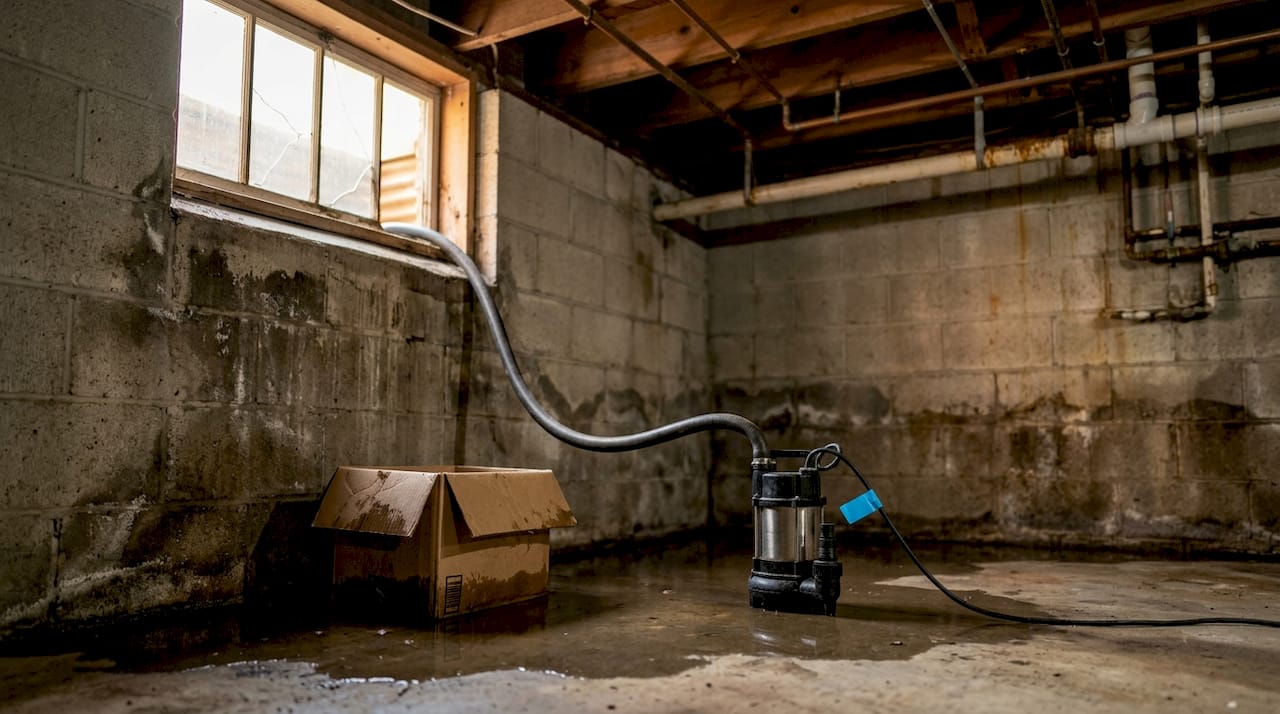 Basement with visible flood damage and sump pump
