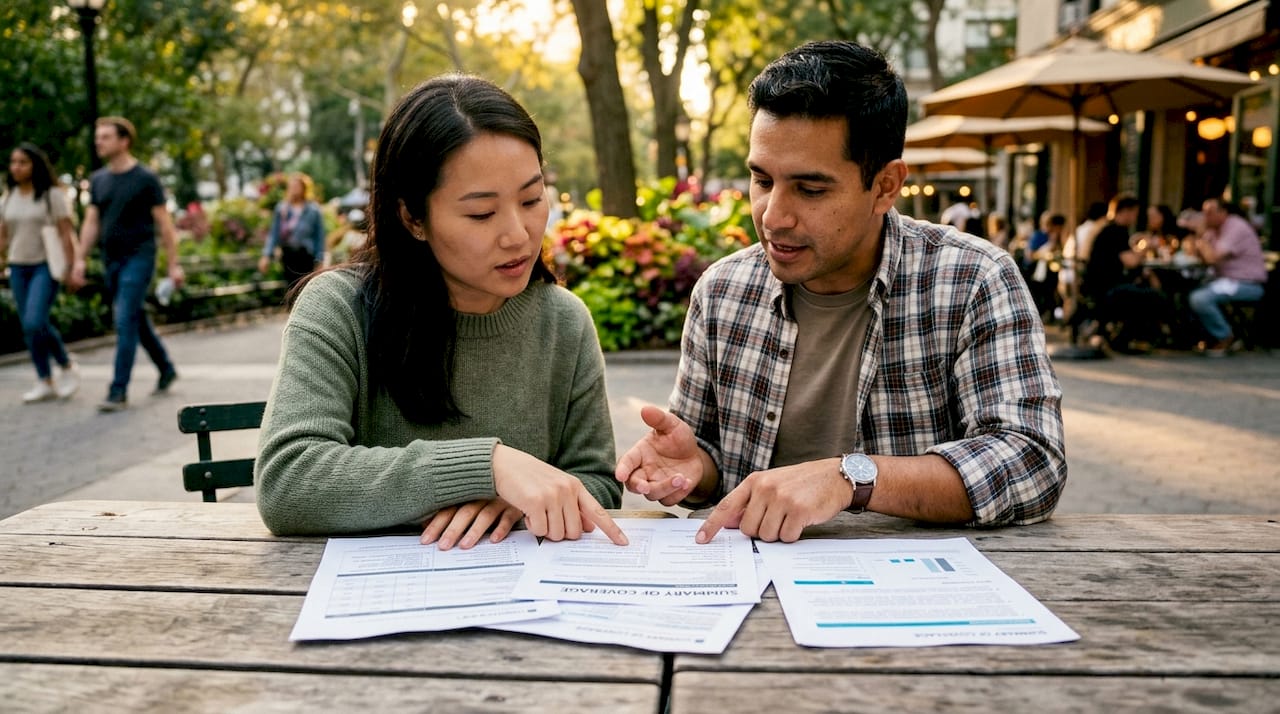 Two people comparing insurance policy durations at café