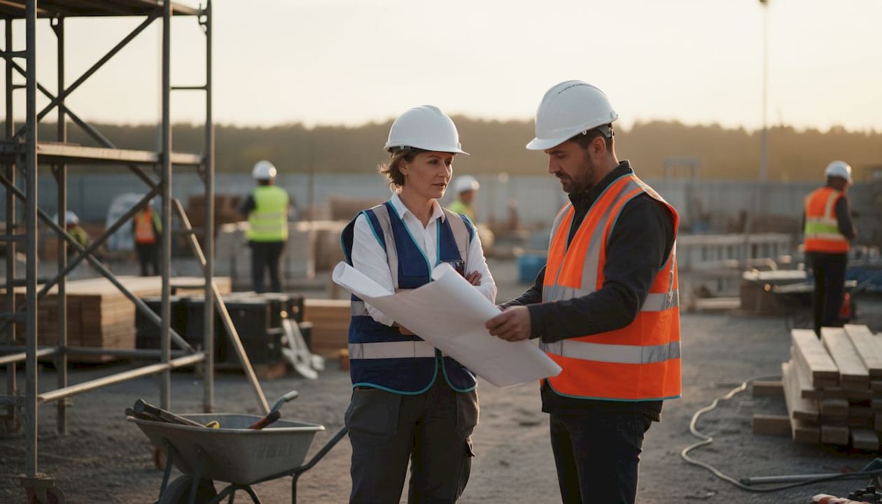 Construction team discussing safety at worksite
