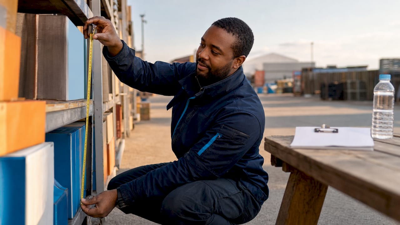 Hands measuring warehouse shelves for property insurance