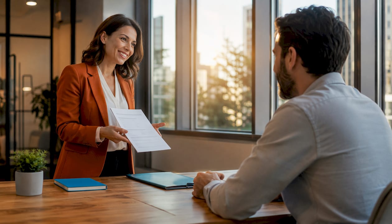 Hands exchanging insurance documents in office