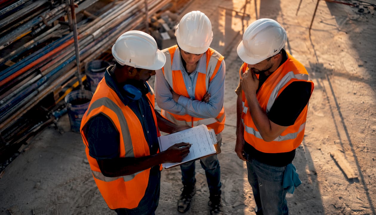 Construction workers discussing insurance claim outdoors