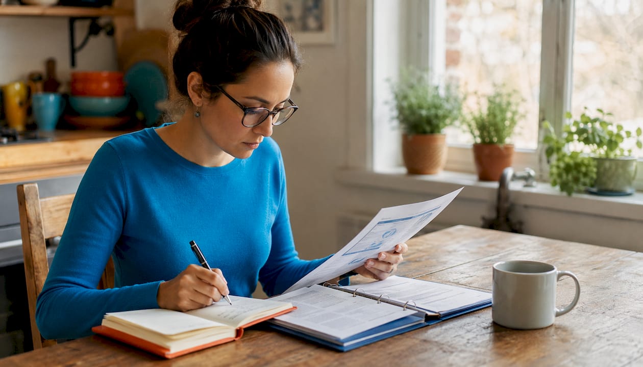 Hands typing with insurance ratings documents on desk