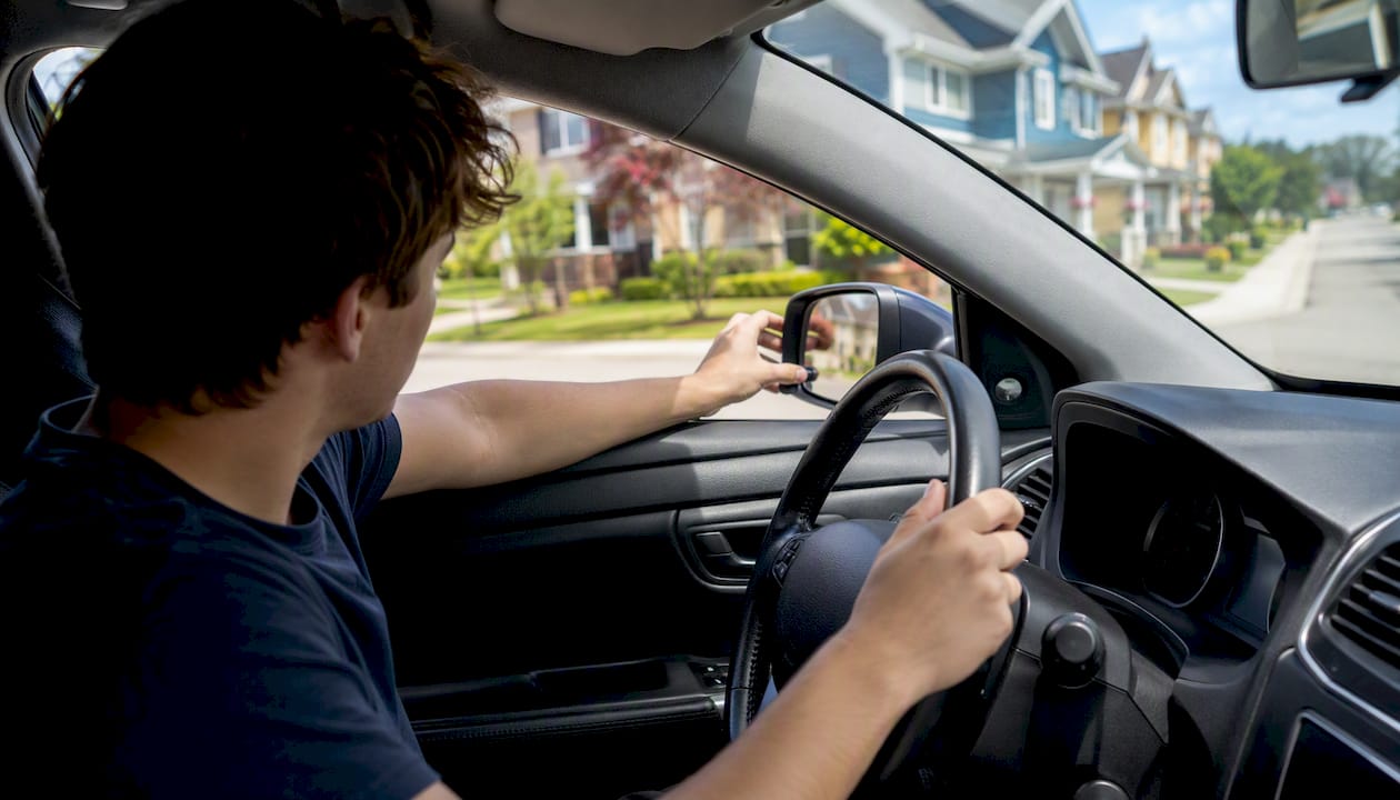 Teen adjusting rearview mirror during driving practice