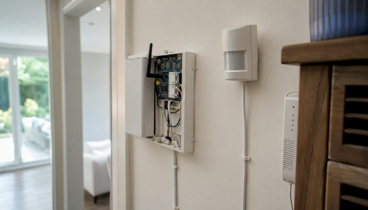 Close view of wired home security system devices