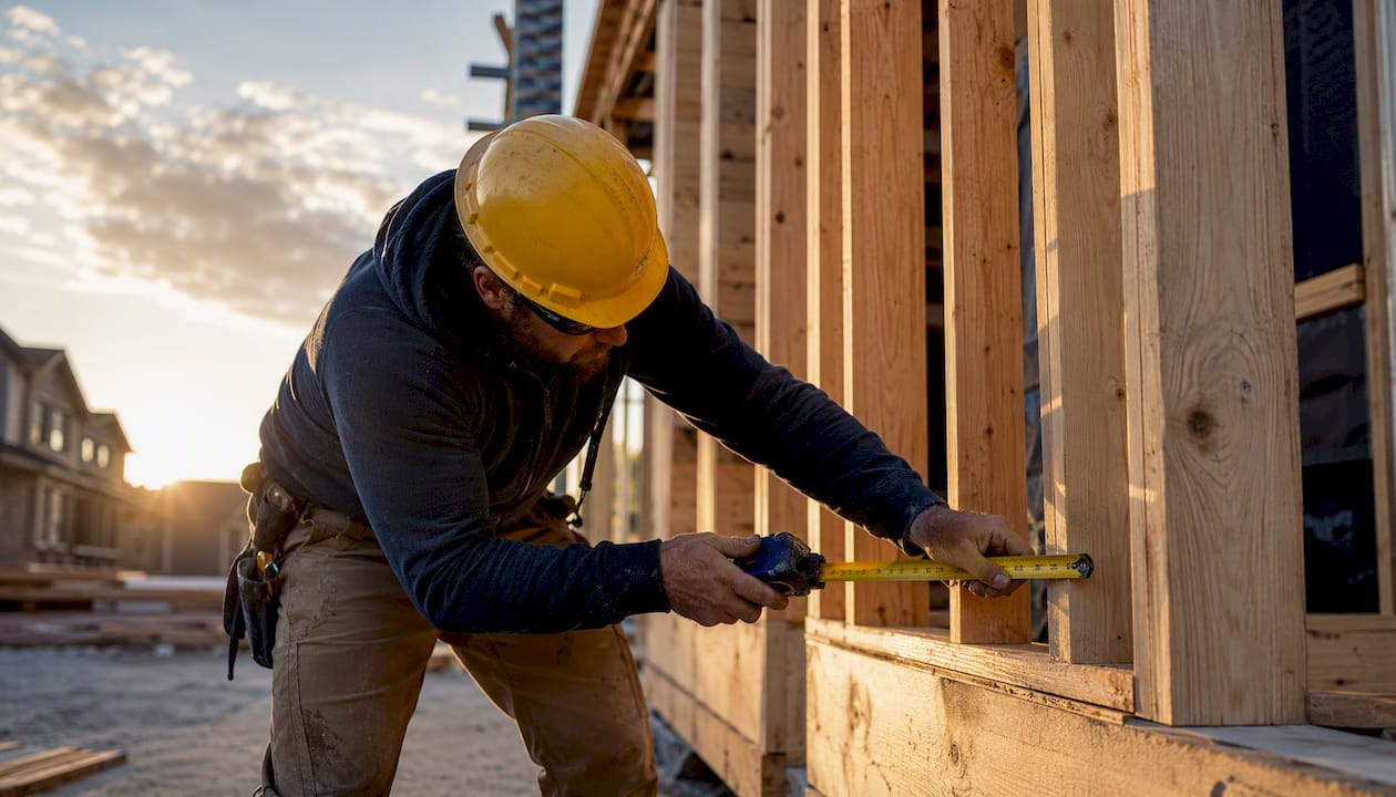 Construction worker measuring wood framing