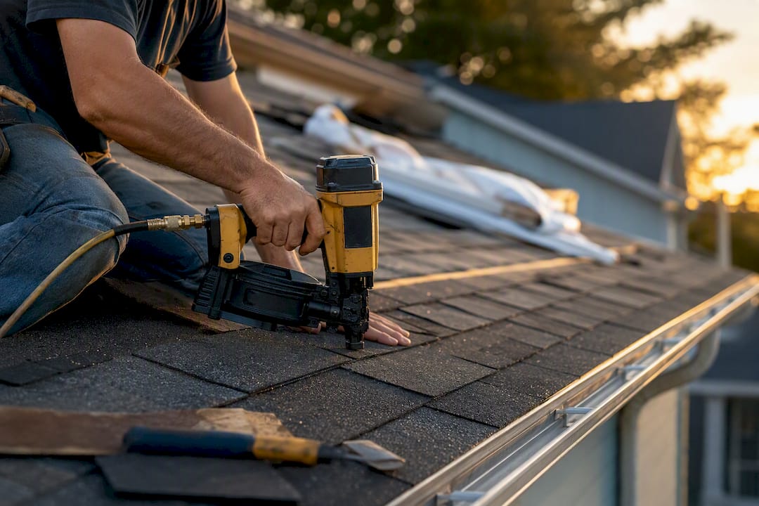 Roofer finishing shingle repairs
