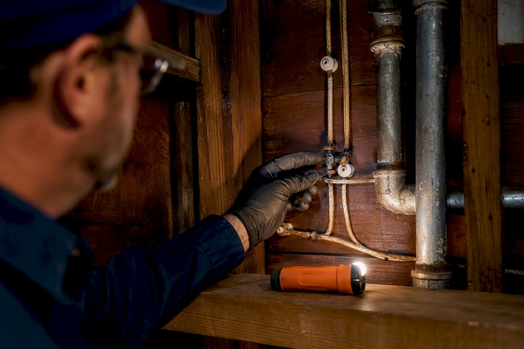 Inspector examining old home wiring and plumbing