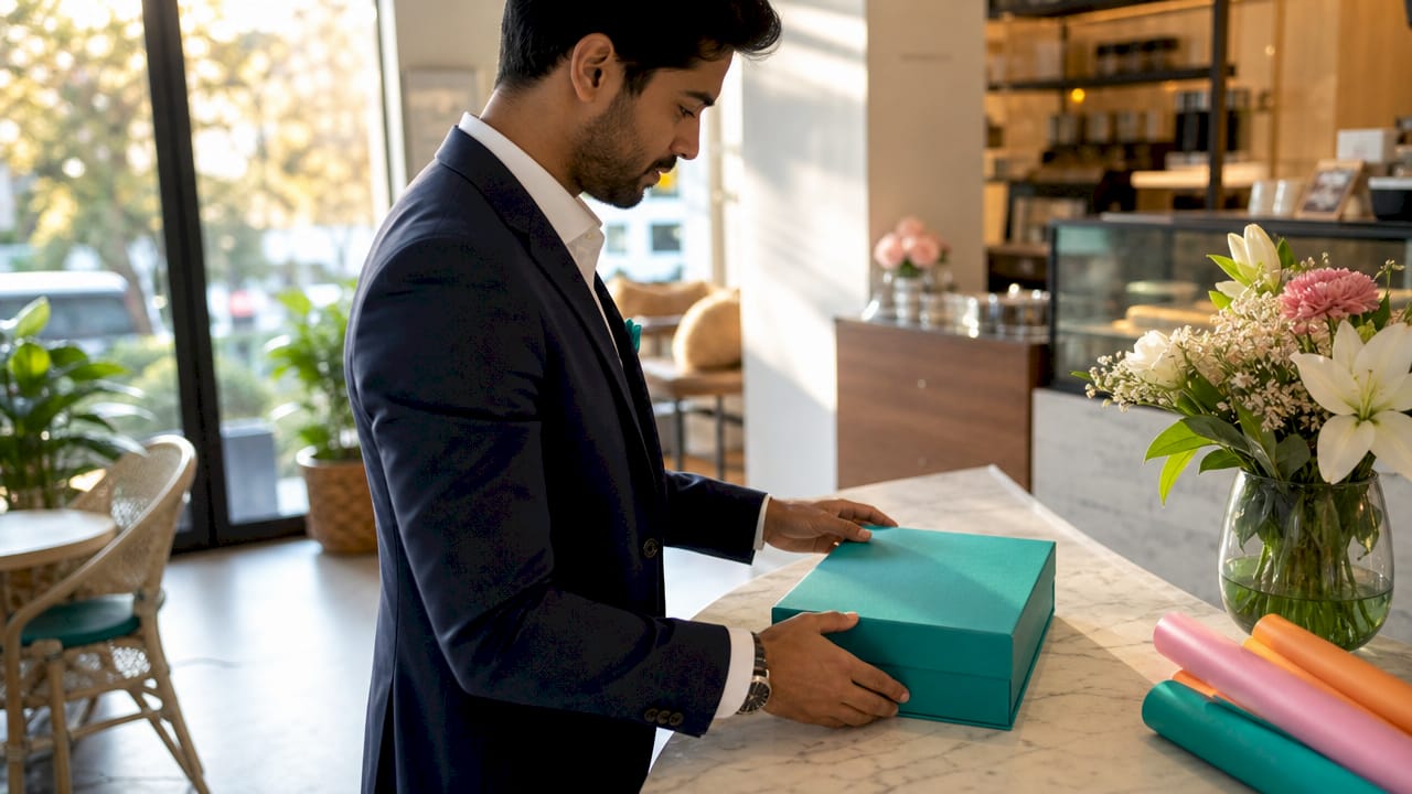 Hands presenting premium corporate gift box packaging