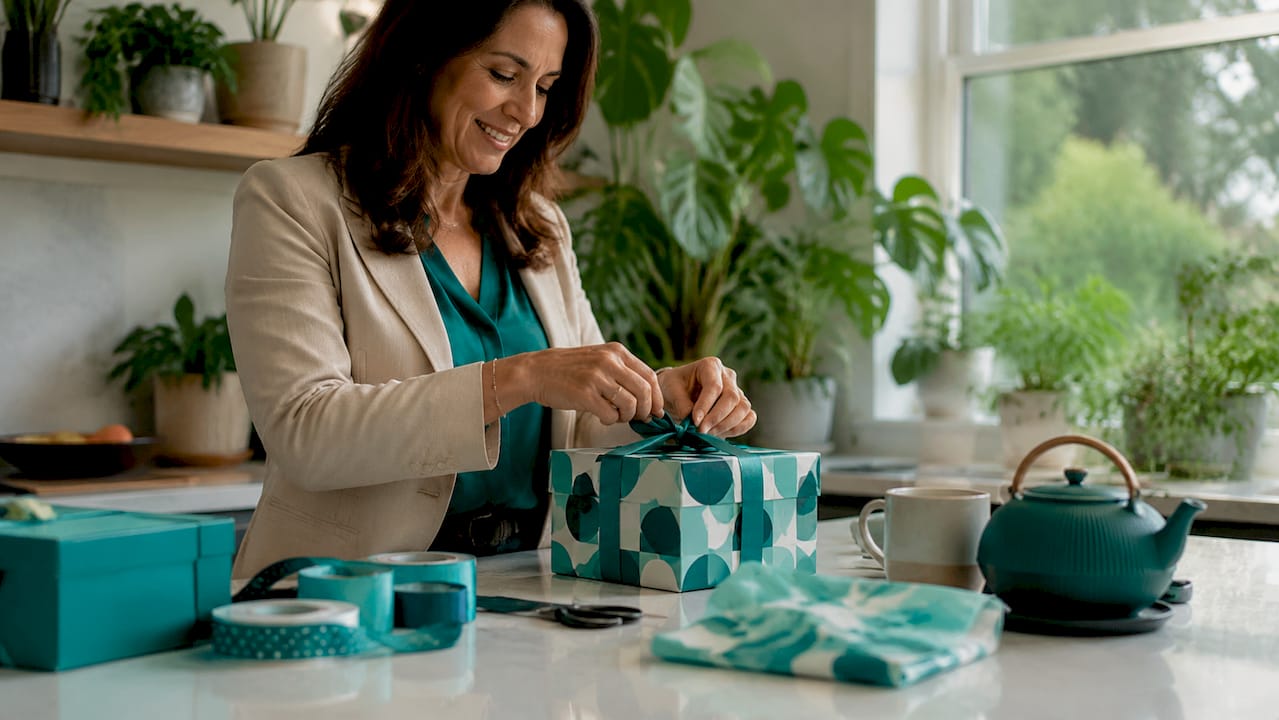 Person wrapping branded corporate gift box