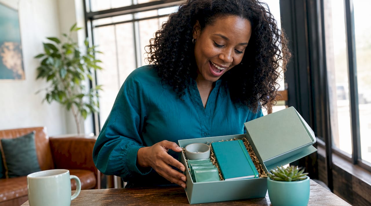 Woman unpacking employee gift box at home desk