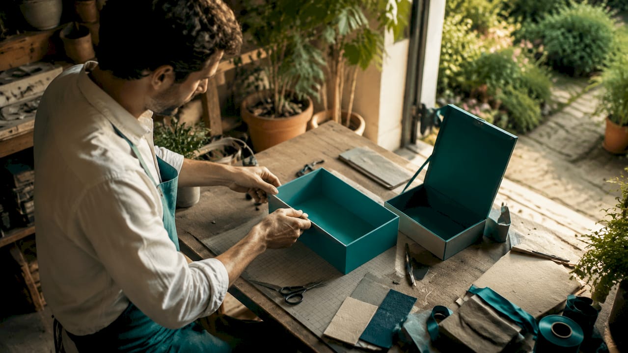 Hands assembling luxury gift box packaging