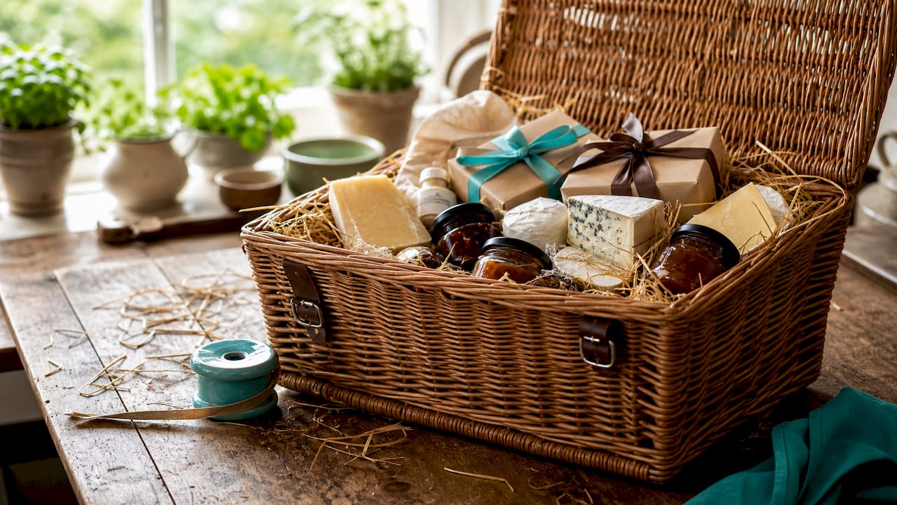 Traditional wicker hamper with gourmet foods