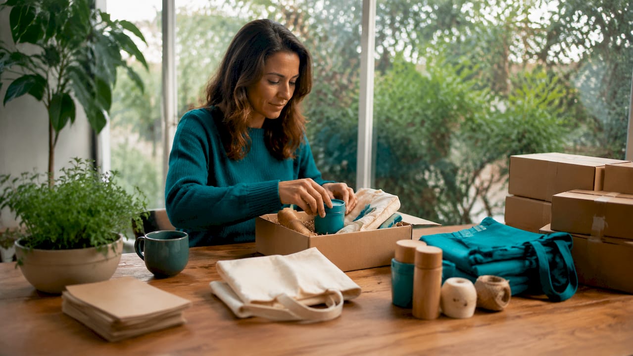 Manager assembling eco-friendly corporate gift packages