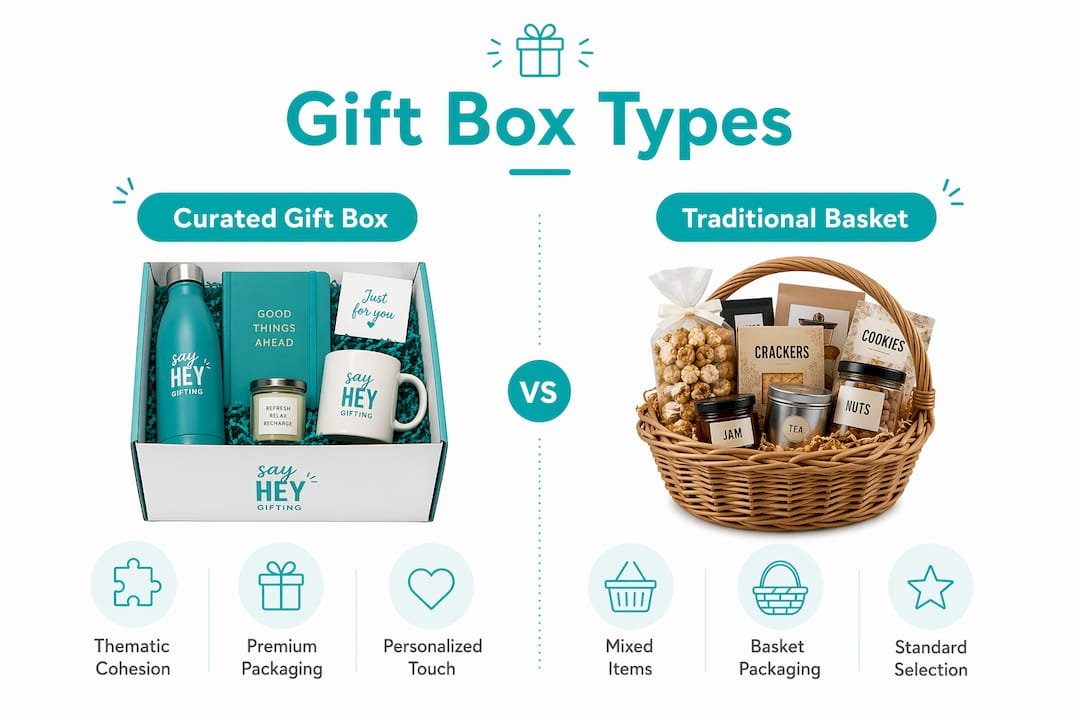Infographic comparing curated gift boxes and traditional baskets