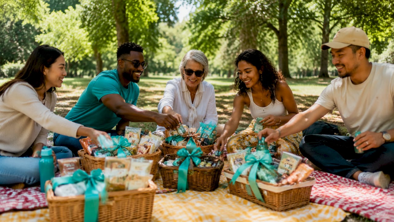 Variety of diverse employee festive hampers on table