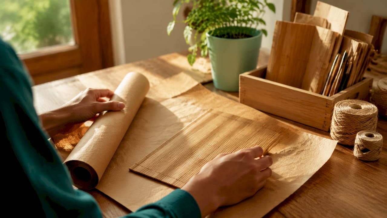 Hands holding kraft paper and bamboo packaging samples