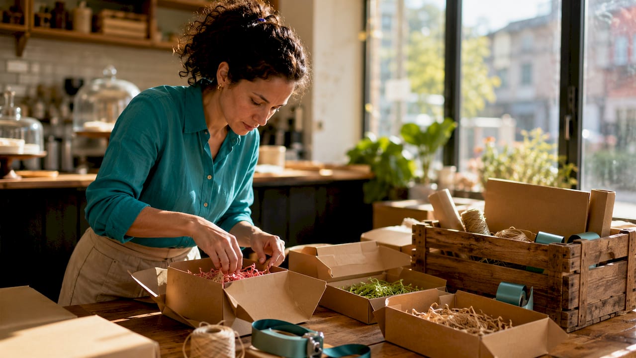 Woman arranging eco-friendly gift boxes on table